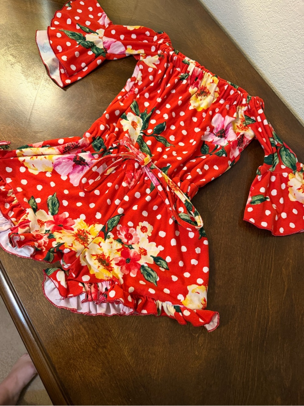 Girls Red Floral & Polka Dot Off-Shoulder Romper